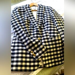 black and white, Buffalo check plaid, wool, one button J. Crew blazer.